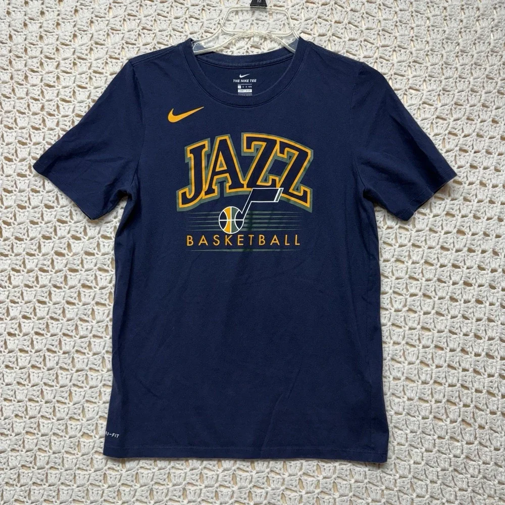 Nike Utah Jazz Basketball T-Shirt Boys  Sz L Navy Blue Dri-Fit NBA Crew Neck